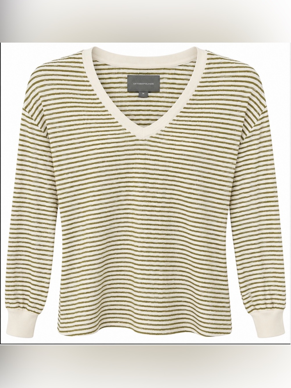 Anthropologie Striped V-Neck Long Sleeve Sweater in Olive Creamy